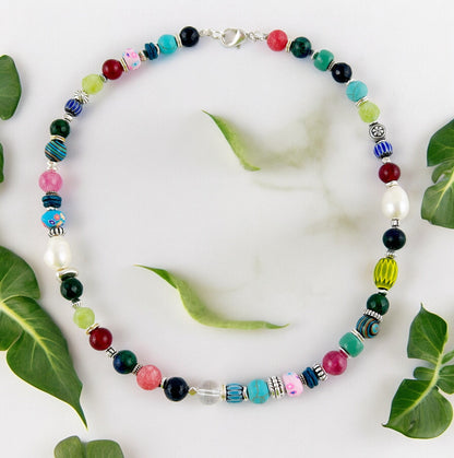 Colorful Boho Gemstone Necklace DIANA | Silver-Plated Handmade Ibiza Jewelry with Ruby & Malachite