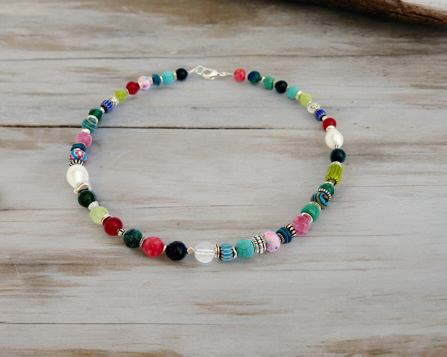 Colorful Boho Gemstone Necklace DIANA | Silver-Plated Handmade Ibiza Jewelry with Ruby & Malachite