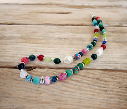 Colorful Boho Gemstone Necklace DIANA | Silver-Plated Handmade Ibiza Jewelry with Ruby & Malachite