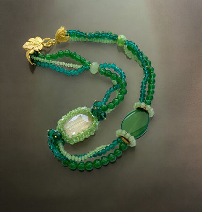 Layered Green Agate Boho Necklace | Ibiza-Inspired Multistrand Statement Jewelry