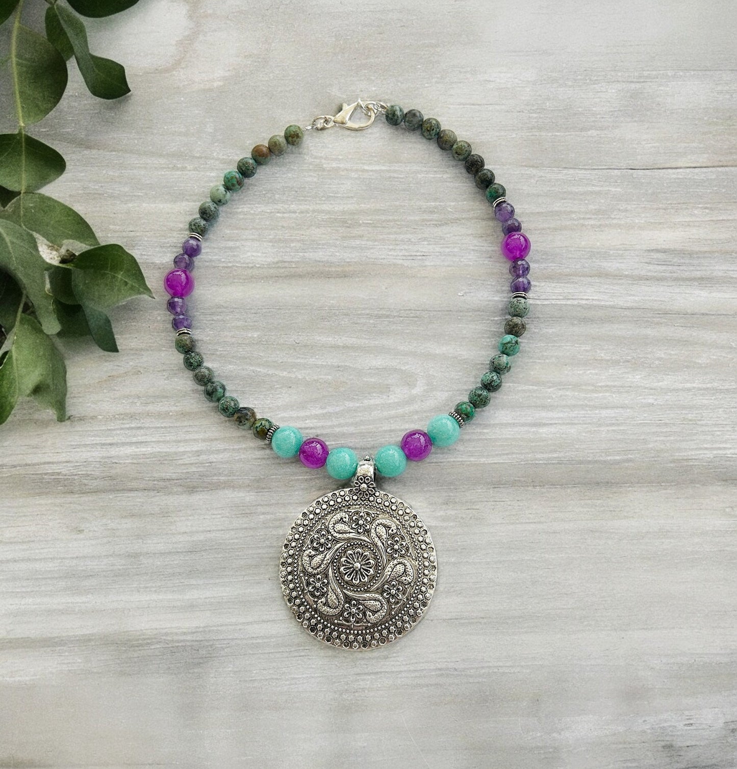 Boho Silver Necklace | Women's Pendant with Turquoise, Agate & Amethyst | Ibiza Style Jewelry