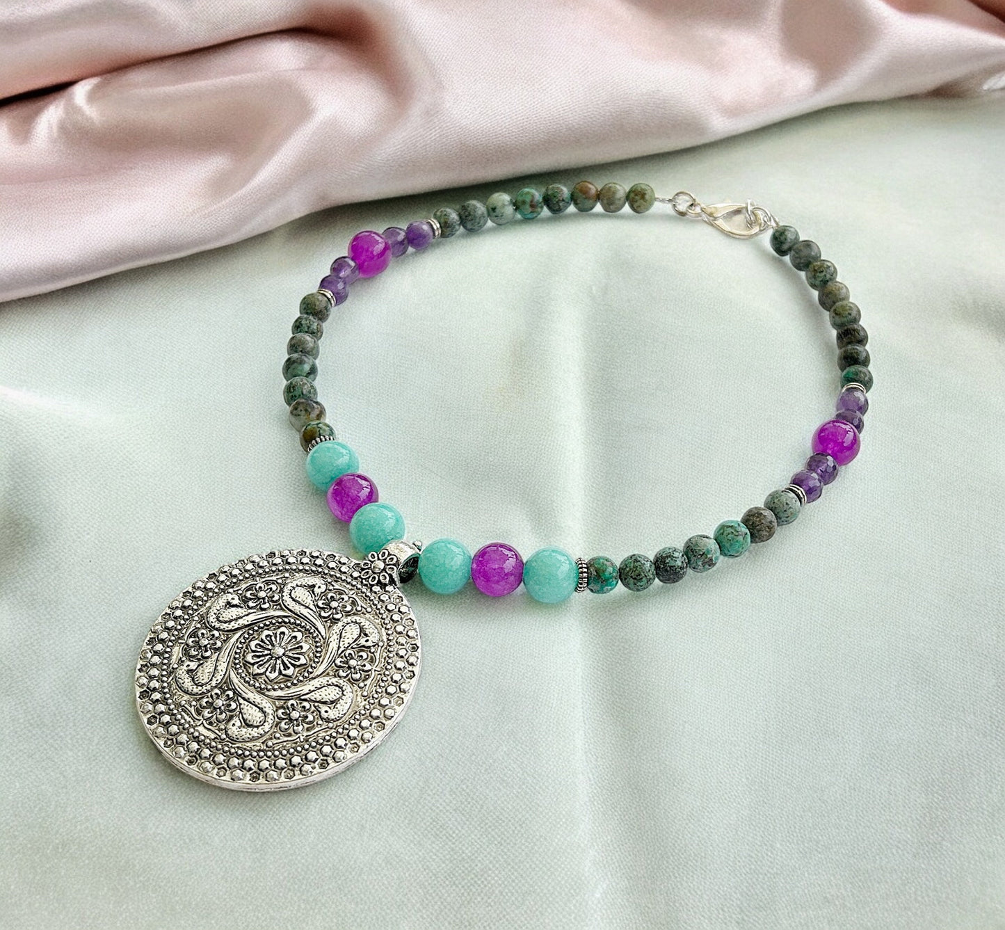 Boho Silver Necklace | Women's Pendant with Turquoise, Agate & Amethyst | Ibiza Style Jewelry