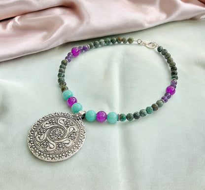 Boho Silver Necklace | Women's Pendant with Turquoise, Agate & Amethyst | Ibiza Style Jewelry