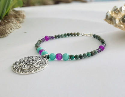 Boho Silver Necklace | Women's Pendant with Turquoise, Agate & Amethyst | Ibiza Style Jewelry