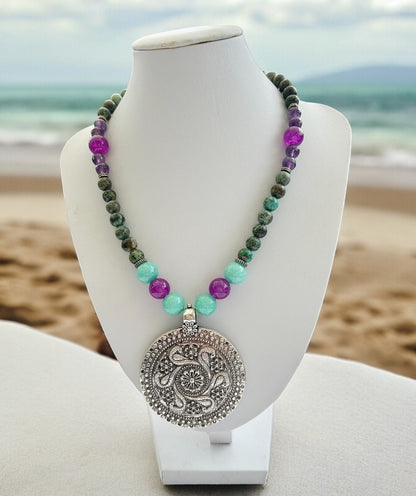 Boho Silver Necklace | Women's Pendant with Turquoise, Agate & Amethyst | Ibiza Style Jewelry