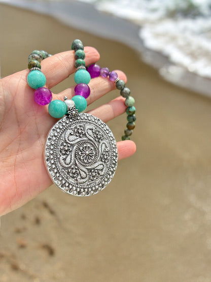 Boho Silver Necklace | Women's Pendant with Turquoise, Agate & Amethyst | Ibiza Style Jewelry