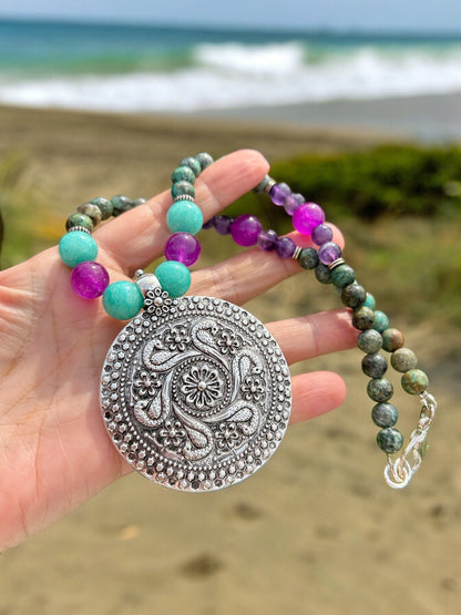 Boho Silver Necklace | Women's Pendant with Turquoise, Agate & Amethyst | Ibiza Style Jewelry