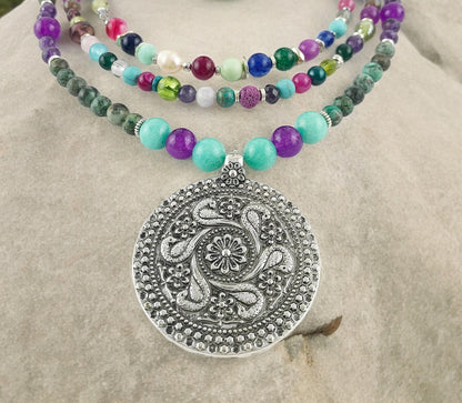 Boho Silver Necklace | Women's Pendant with Turquoise, Agate & Amethyst | Ibiza Style Jewelry