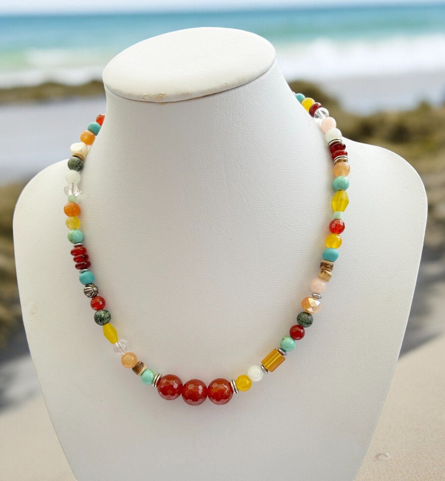 Colorful Boho Silver Necklace | Handmade Turquoise, Carnelian & Calcite Beaded Jewelry | Ibiza Style Women's Accessory