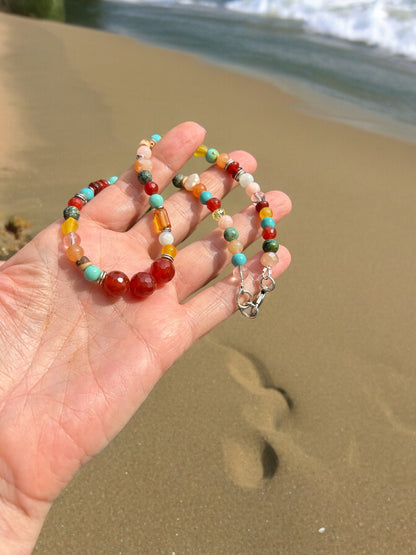 Colorful Boho Silver Necklace | Handmade Turquoise, Carnelian & Calcite Beaded Jewelry | Ibiza Style Women's Accessory