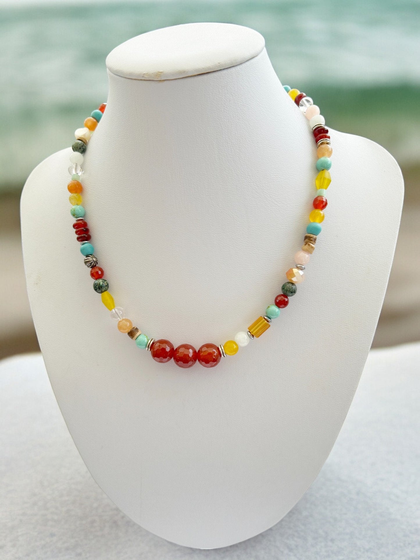 Colorful Boho Silver Necklace | Handmade Turquoise, Carnelian & Calcite Beaded Jewelry | Ibiza Style Women's Accessory