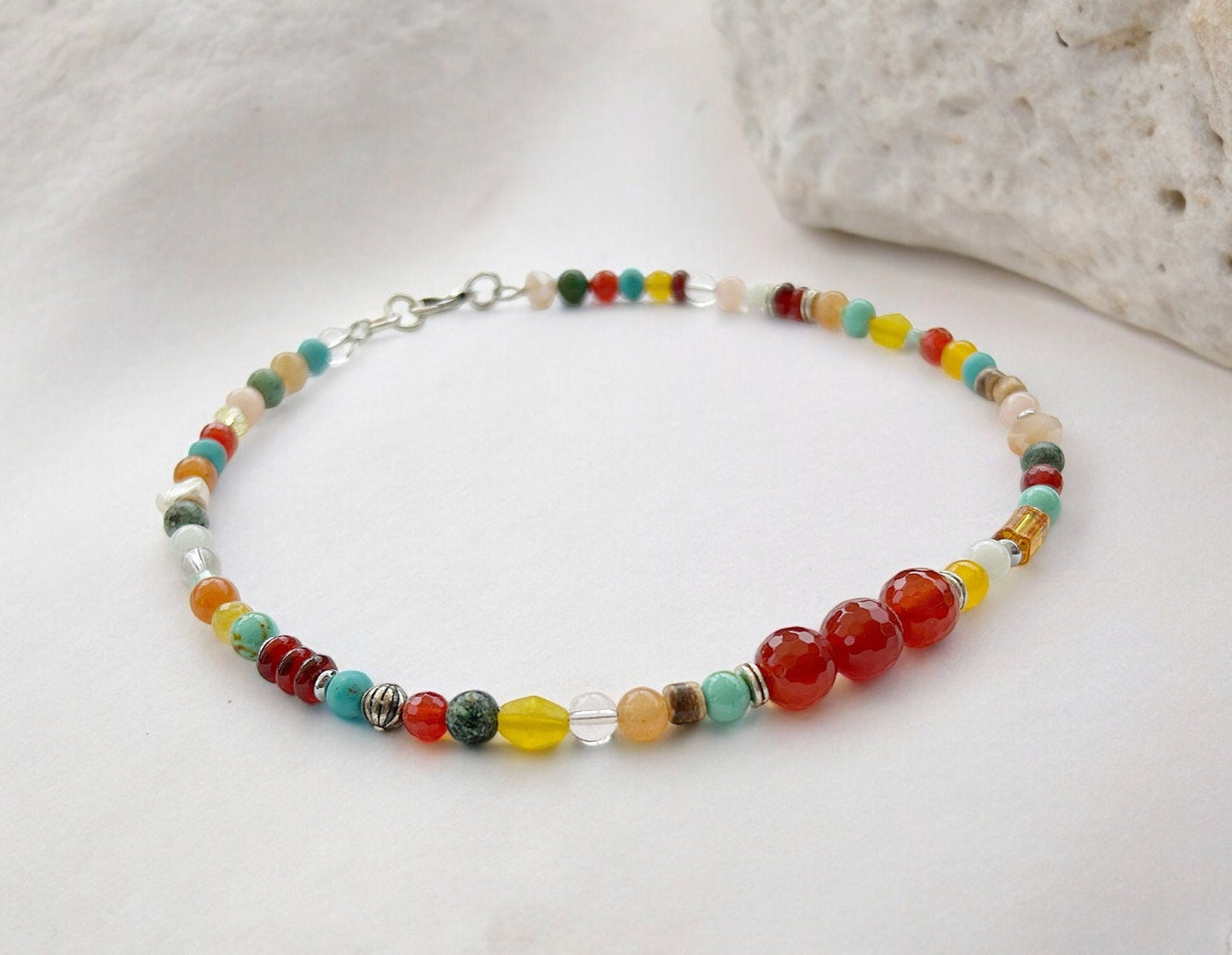 Colorful Boho Silver Necklace | Handmade Turquoise, Carnelian & Calcite Beaded Jewelry | Ibiza Style Women's Accessory