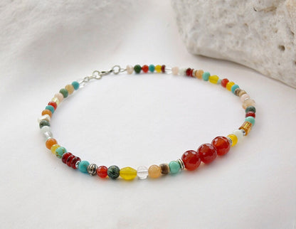 Colorful Boho Silver Necklace | Handmade Turquoise, Carnelian & Calcite Beaded Jewelry | Ibiza Style Women's Accessory