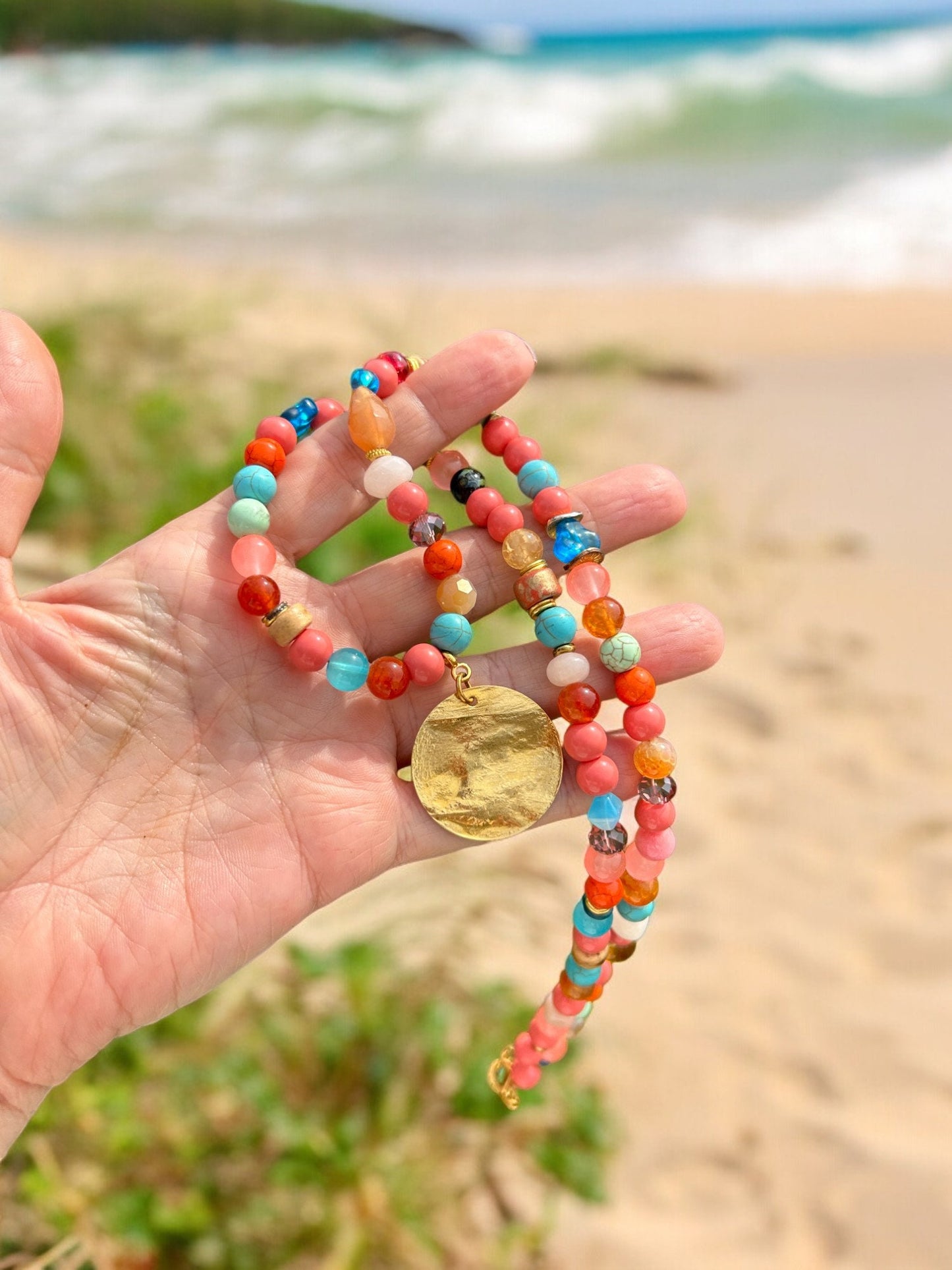 Colorful Boho Necklace with Turquoise, Agate & Amazonite | Handcrafted Ibiza Style Gold Pendant Jewelry