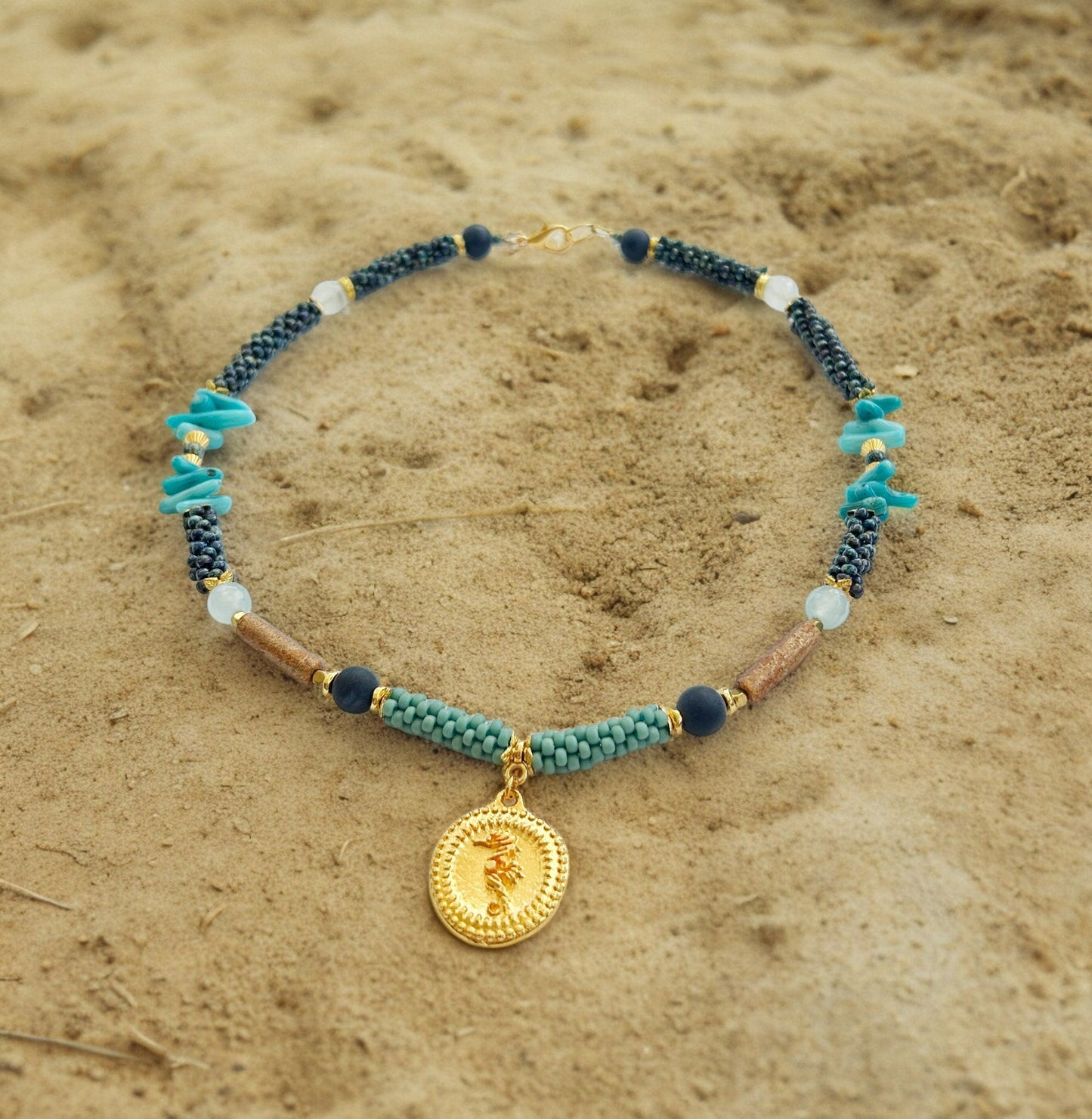 Handcrafted Boho Seahorse Necklace | Blue Chalcedony & Coral Beaded Jewelry | Ibiza-Inspired Gold-Plated Statement Piece