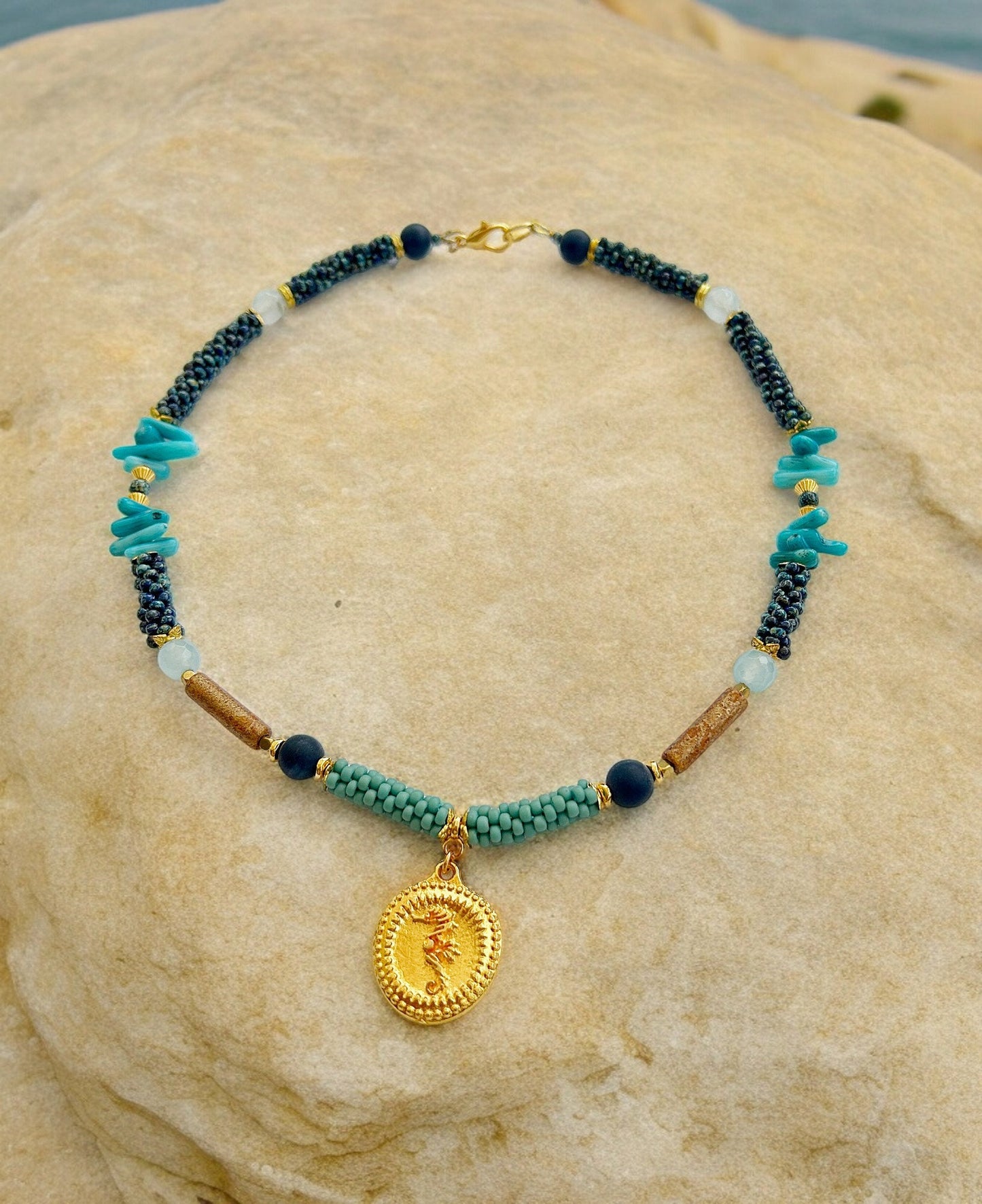 Handcrafted Boho Seahorse Necklace | Blue Chalcedony & Coral Beaded Jewelry | Ibiza-Inspired Gold-Plated Statement Piece