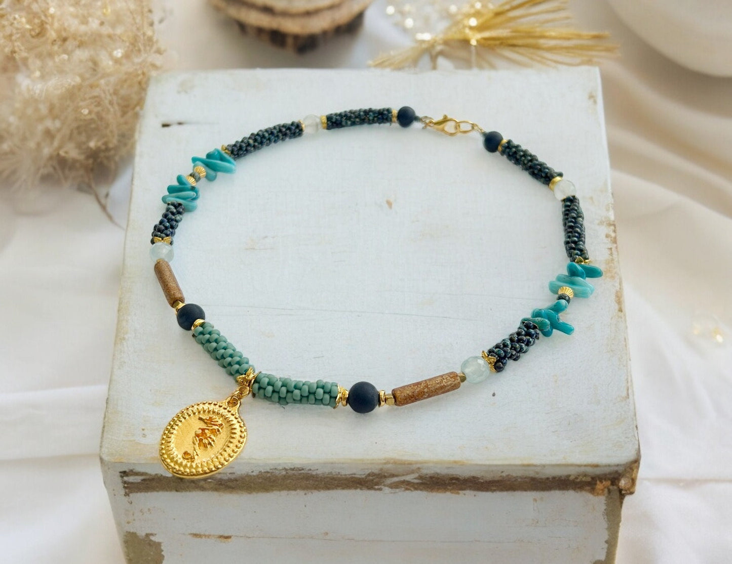 Handcrafted Boho Seahorse Necklace | Blue Chalcedony & Coral Beaded Jewelry | Ibiza-Inspired Gold-Plated Statement Piece