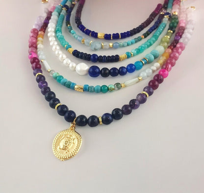 Handcrafted Boho Seahorse Necklace | Blue Chalcedony & Coral Beaded Jewelry | Ibiza-Inspired Gold-Plated Statement Piece