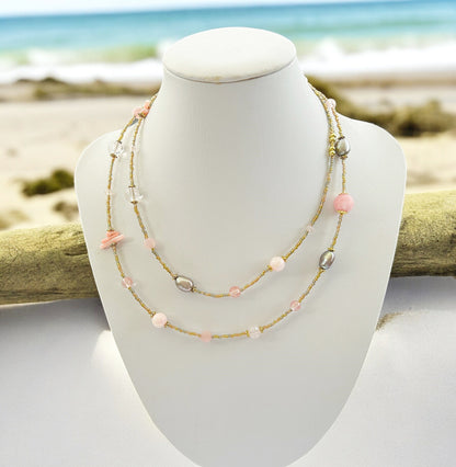 Rose Shell Gold Boho Pearl Necklace | Handcrafted Coral & Strawberry Quartz Ibiza-Style Jewelry for Women