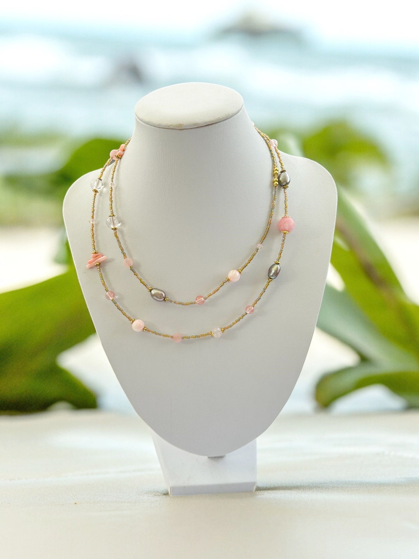 Rose Shell Gold Boho Pearl Necklace | Handcrafted Coral & Strawberry Quartz Ibiza-Style Jewelry for Women