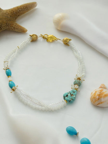 Boho Soleil Gold Necklace | Multi-Strand Turquoise & Pearl Statement Jewelry | Ibiza-Inspired Bohemian Elegance