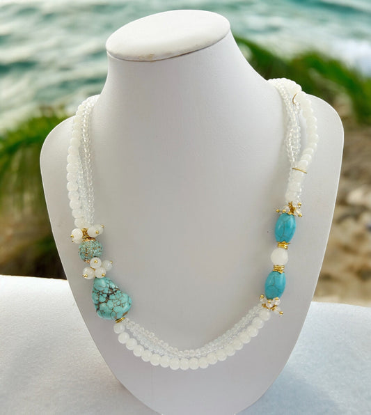 Boho Soleil Gold Necklace | Multi-Strand Turquoise & Pearl Statement Jewelry | Ibiza-Inspired Bohemian Elegance