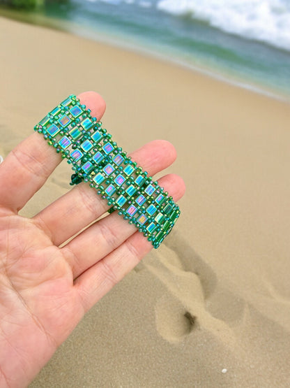 Handmade Emerald Green Peyote Stitch Bracelet | Boho Miyuki Bead Jewelry