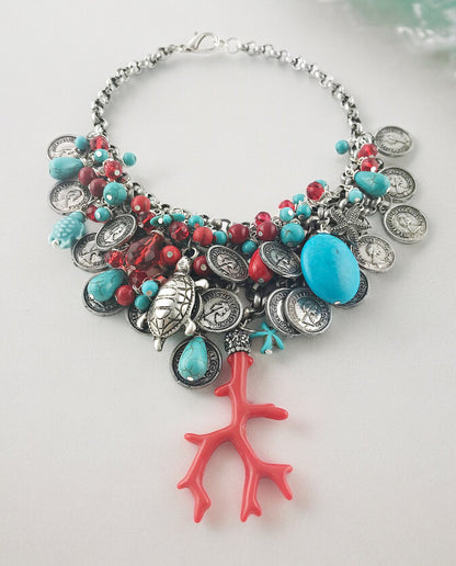 Luxurious Silver Coral Bay Boho Necklace | Multi-Strand Turquoise & Sea Life Statement Piece