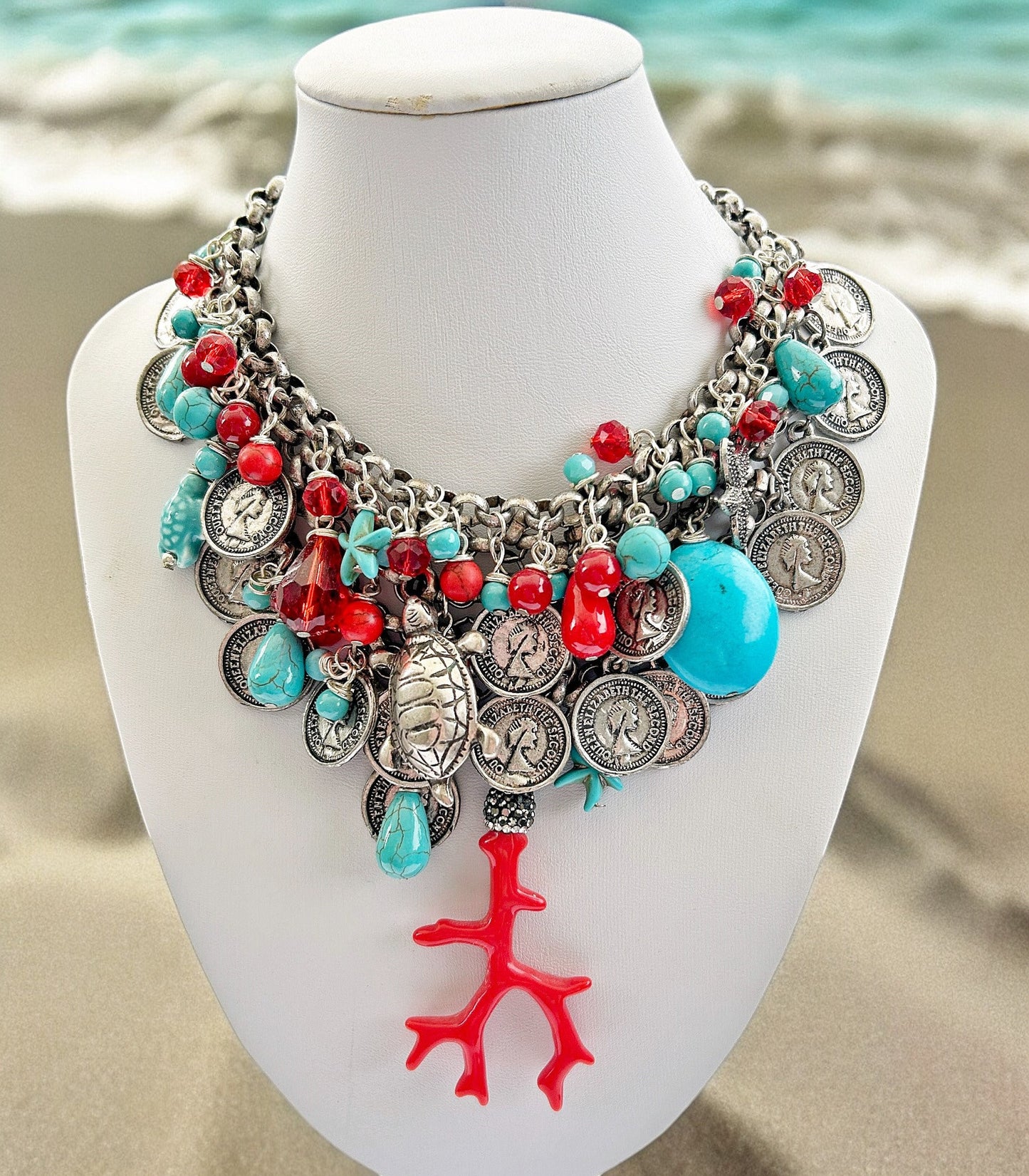 Luxurious Silver Coral Bay Boho Necklace | Multi-Strand Turquoise & Sea Life Statement Piece