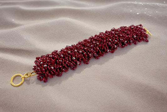 Red Iris Gold Boho Bracelet | Handmade Glass Crystal & Miyuki Bead Jewelry | Unique Women's Arm Candy