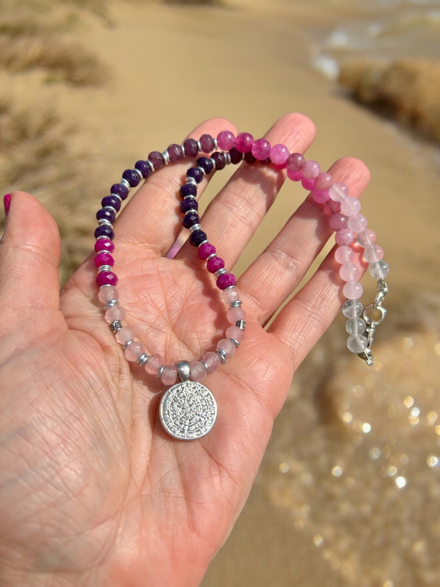 Boho Silver Coin Necklace with Ruby & Rose Quartz | Handcrafted Gemstone Ibiza Style Jewelry for Women