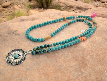 Desert Storm Turquoise Boho Necklace - Long Layered Ethno Ibiza Style Jewelry