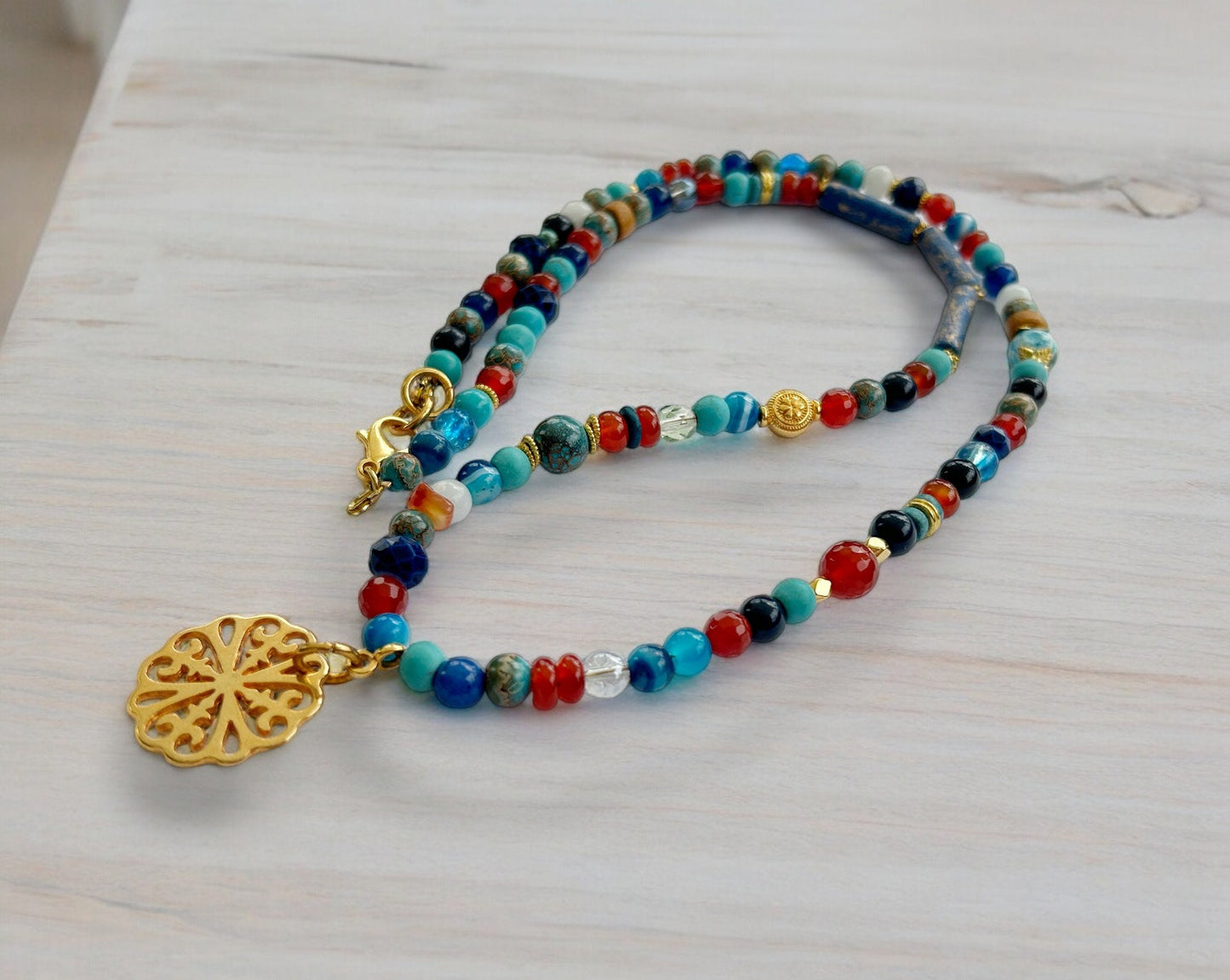 Desert Flower Gold Boho Necklace | Handcrafted Carnelian, Turquoise & Agate Beaded Jewelry for Women