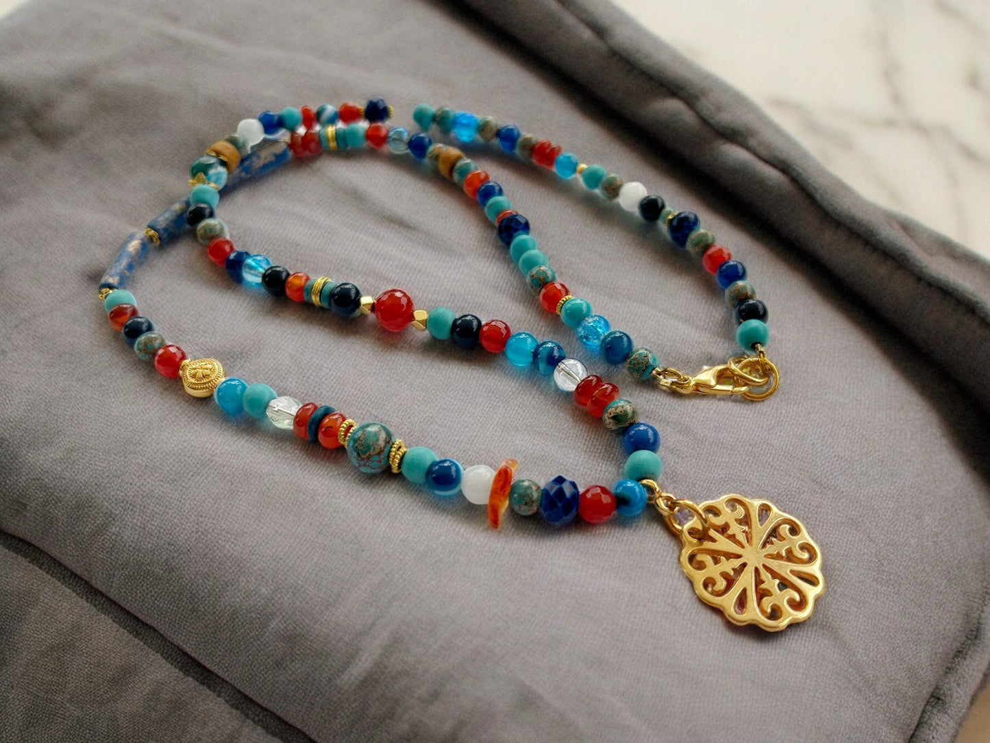 Desert Flower Gold Boho Necklace | Handcrafted Carnelian, Turquoise & Agate Beaded Jewelry for Women