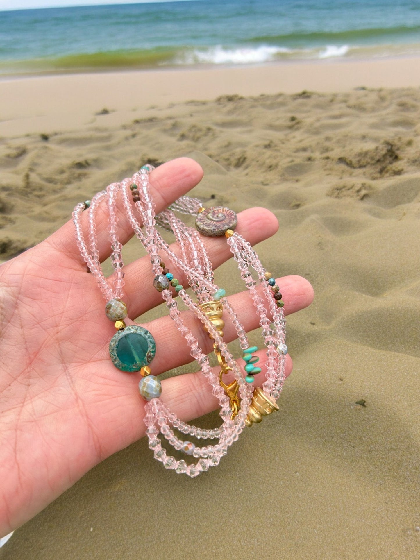 Layered Boho Sea Glass Necklace with Turquoise | Gold-Plated Ibiza-Style Jewelry