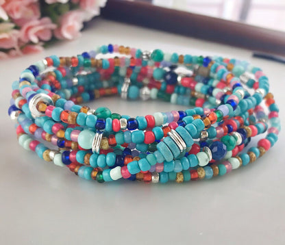 Handmade Boho Layered Wrap Bracelet BELLADONNA | Turquoise & Multi-Color Beaded Jewelry for Women | Ibiza Style Summer Accessory