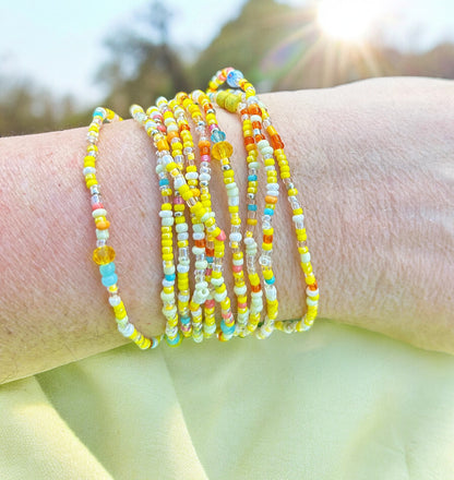 Boho Sun Dancer Wrap Bracelet | Yellow Turquoise Millefiori Beaded Jewelry | Handmade Ibiza Style Multilayer Anklet Necklace