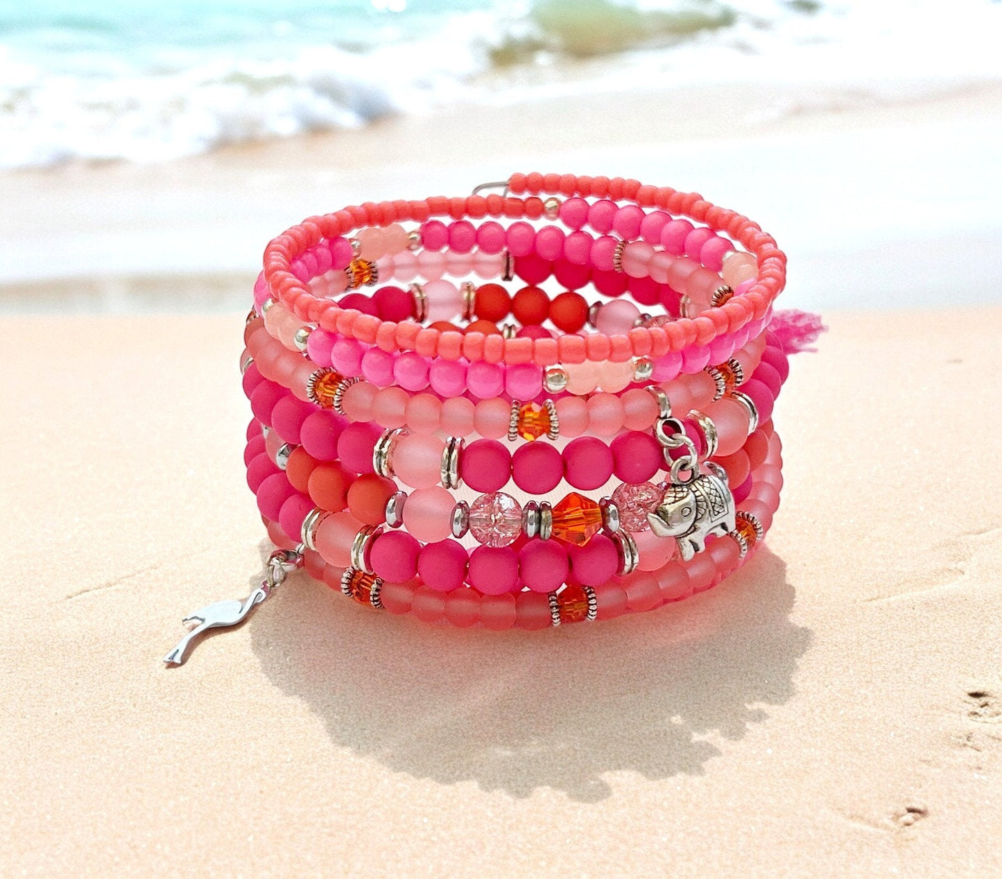 Boho Wrap Bracelet TROPICAL BEACH | Charm Bangle | Pink Orange Coral Silver Beaded Cuff