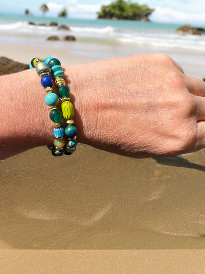 Colorful Gemstone Beaded Bracelet PARGA | Boho Gold Elastic Jewelry | Turquoise Malachite Lapis Lazuli