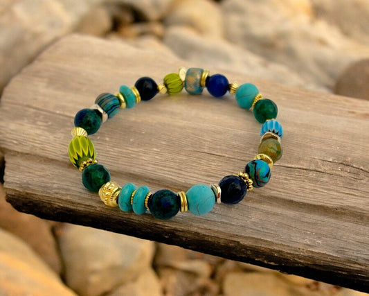 Colorful Gemstone Beaded Bracelet PARGA | Boho Gold Elastic Jewelry | Turquoise Malachite Lapis Lazuli