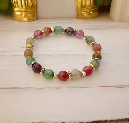 Fire Agate Beaded Bracelet | Gold Plated Boho Jewelry | Colorful Gemstone Elastic Arm Candy