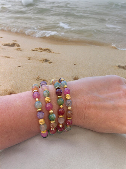 Fire Agate Beaded Bracelet | Gold Plated Boho Jewelry | Colorful Gemstone Elastic Arm Candy