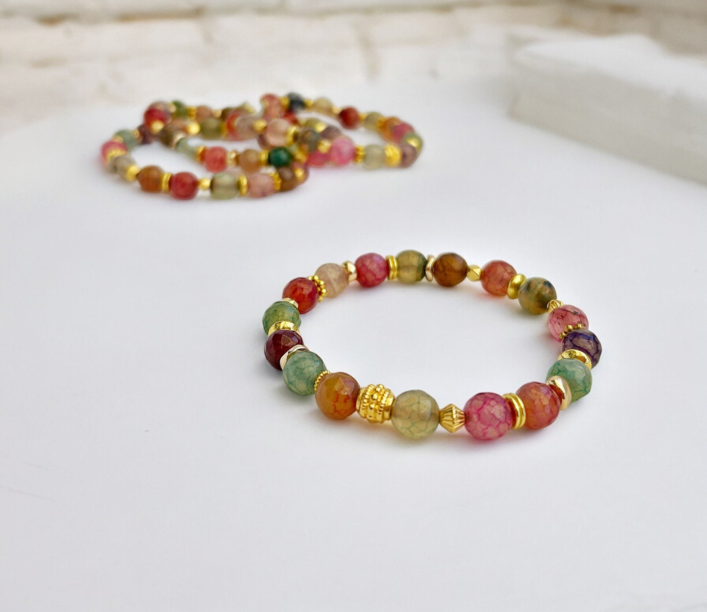 Fire Agate Beaded Bracelet | Gold Plated Boho Jewelry | Colorful Gemstone Elastic Arm Candy