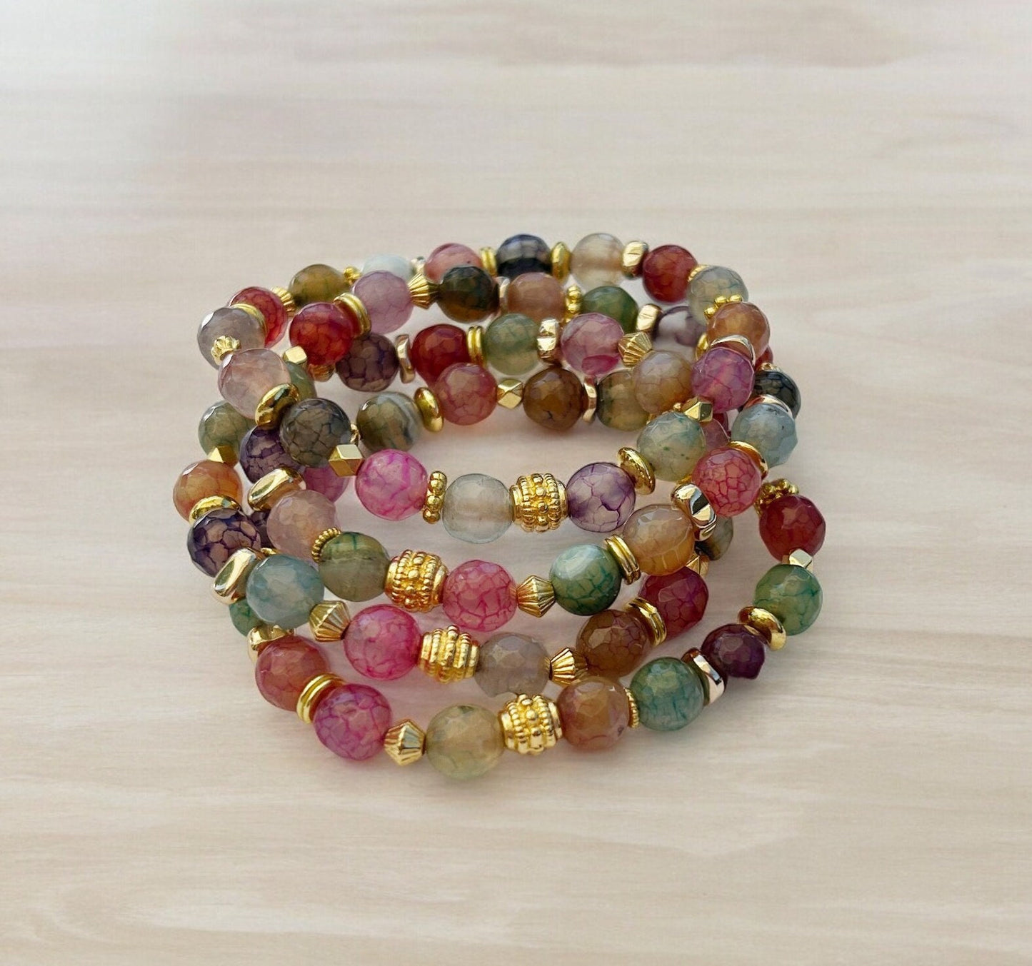 Fire Agate Beaded Bracelet | Gold Plated Boho Jewelry | Colorful Gemstone Elastic Arm Candy