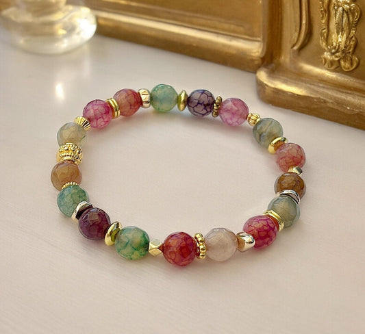 Fire Agate Beaded Bracelet | Gold Plated Boho Jewelry | Colorful Gemstone Elastic Arm Candy