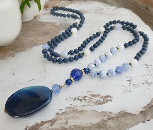 Shania Blue Gold Bohemian Beaded Necklace | Handcrafted Gemstone Pendant | Ibiza Inspired Jewelry