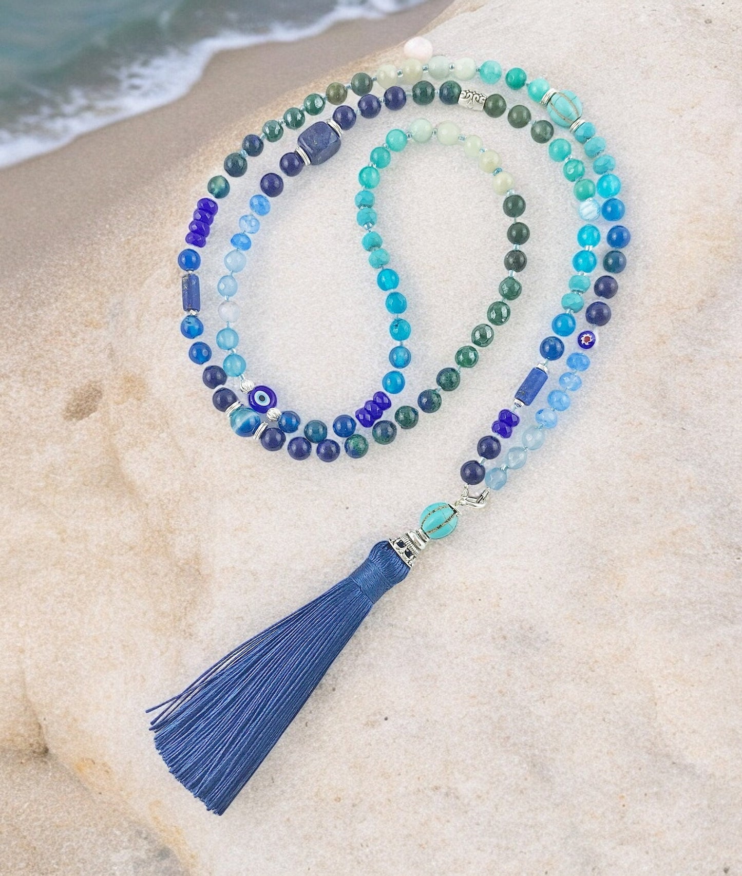 Boho Turquoise Tassel Necklace FERNANDA | Long Silver Gemstone Jewelry | Handcrafted Ibiza-Style Nazaar Pendant