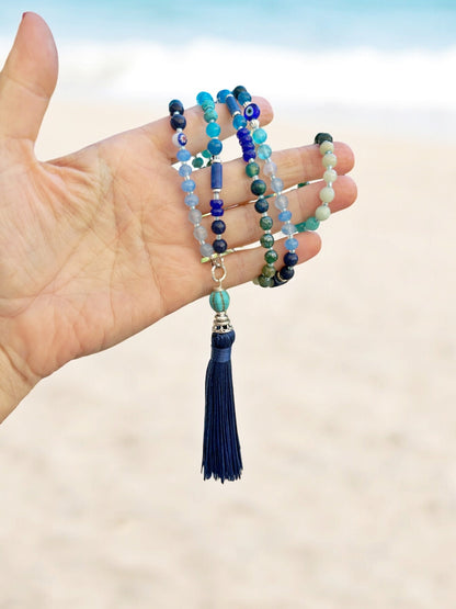 Boho Turquoise Tassel Necklace FERNANDA | Long Silver Gemstone Jewelry | Handcrafted Ibiza-Style Nazaar Pendant