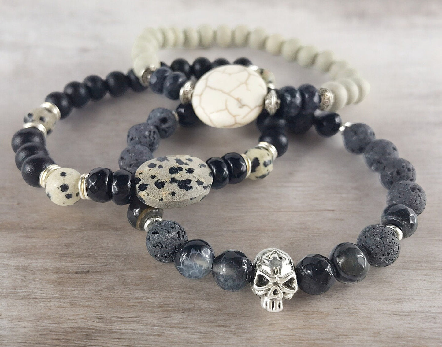 LEON Men's Beaded Bracelet | Boho Style Jasper and Wood Unisex Wristband | Black and Gray