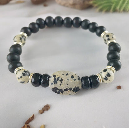 LEON Men's Beaded Bracelet | Boho Style Jasper and Wood Unisex Wristband | Black and Gray